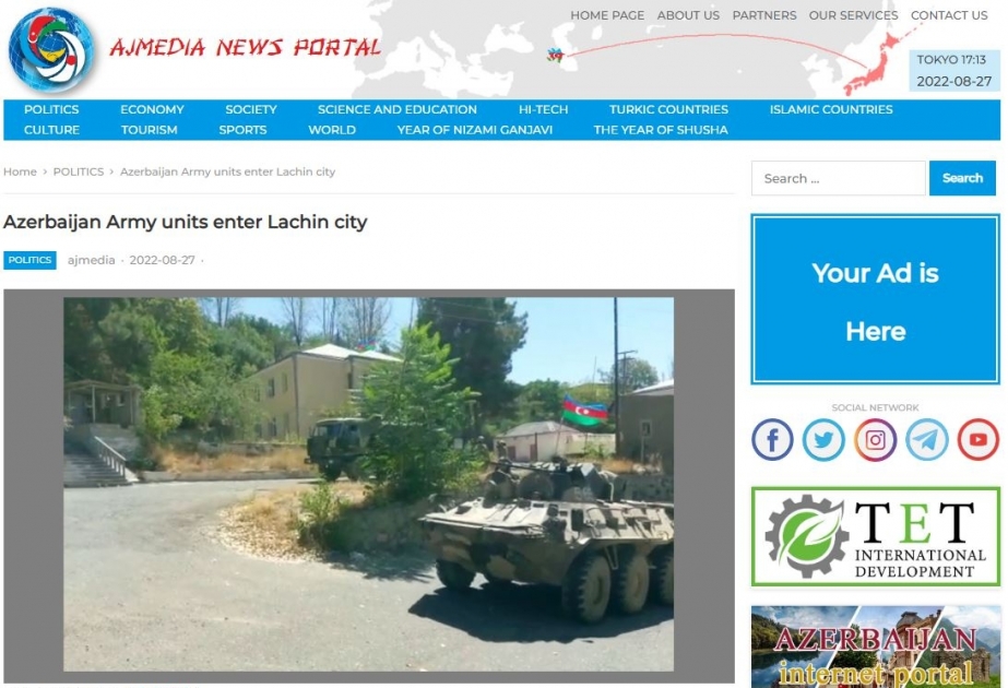 Yaponiya portalı Azərbaycan bayrağının Laçında ucaldılması barədə məlumatlar yayıb