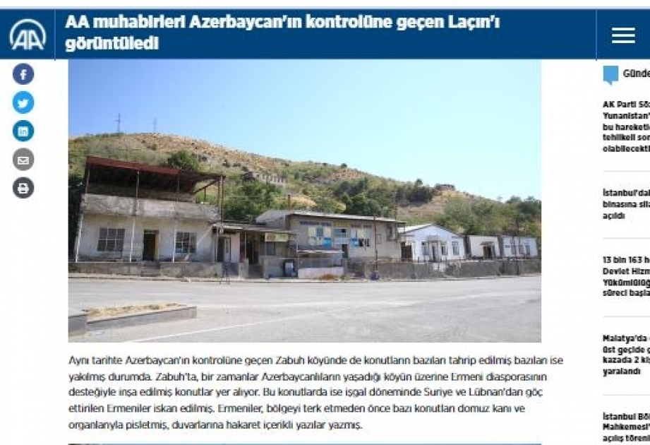 Türkiyənin Anadolu Agentliyi Laçın rayonundan xüsusi reportaj hazırlayıb