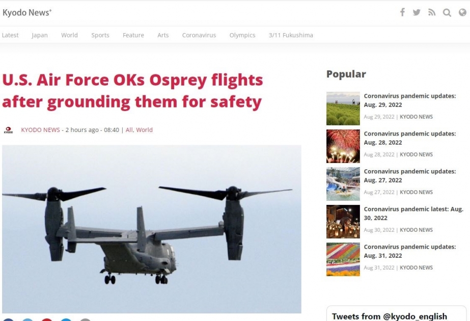 Kyodo agentliyi: ABŞ “CV-22 Osprey” konvertoplanlarının uçuşlarını bərpa edir
