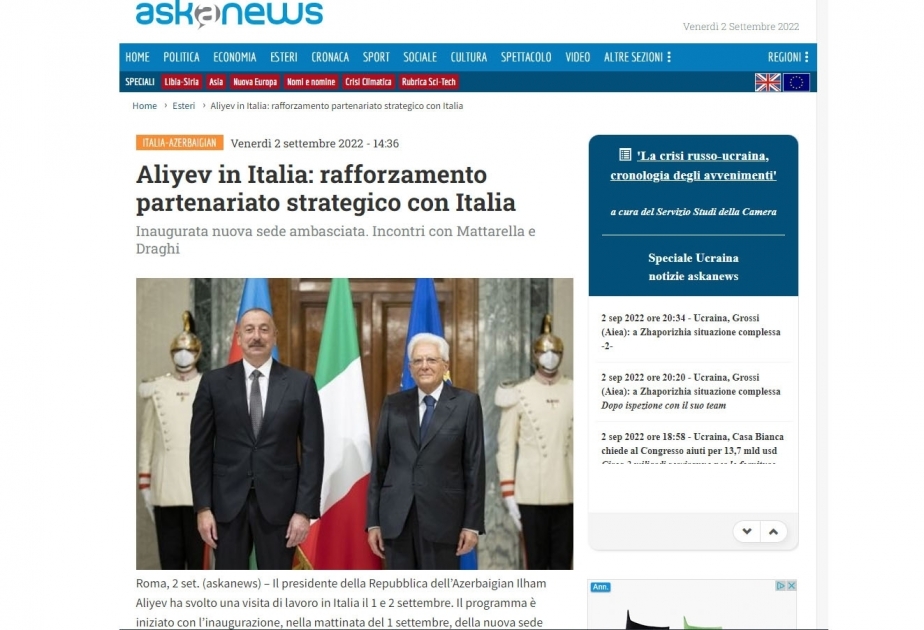 La prensa italiana cubre ampliamente la visita del Presidente Ilham Aliyev a Italia