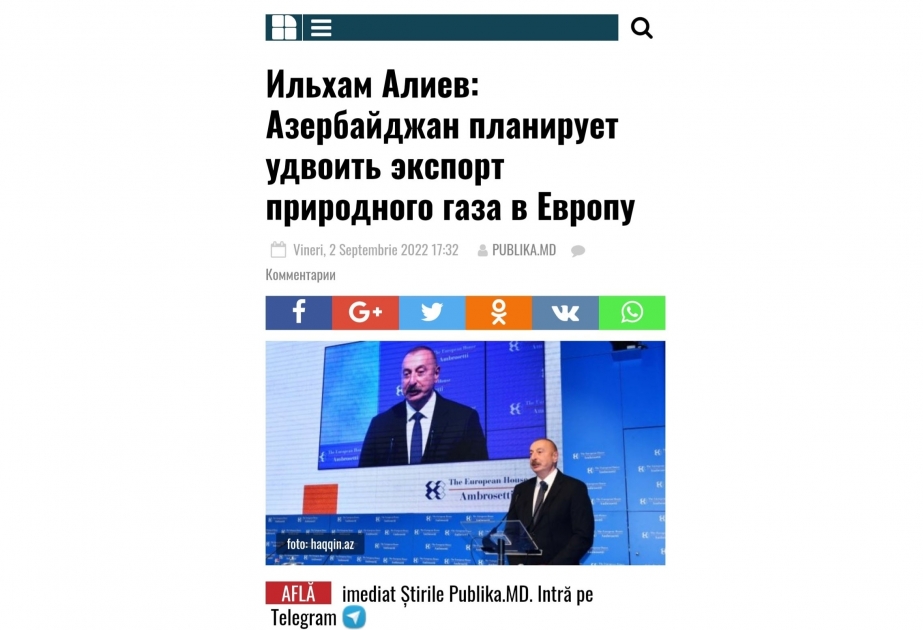 Молдавские СМИ уделили широкое место встречам Президента Ильхама Алиева в Италии и его выступлению на форуме в Черноббио