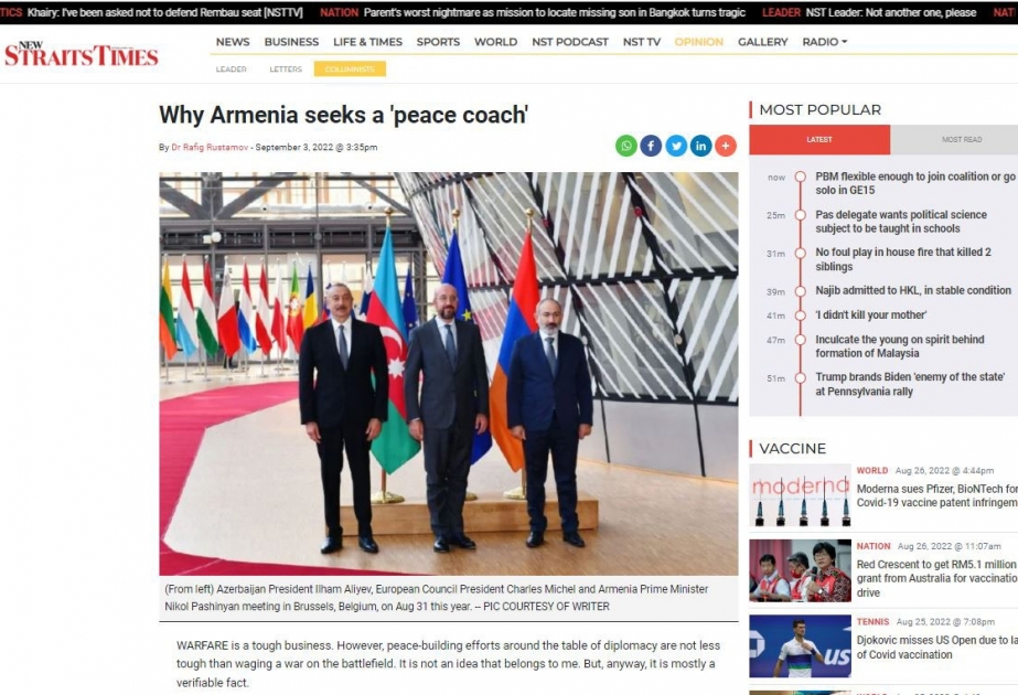 New Straits Times: Ermənistan nə üçün “sülh məşqçisi” axtarır?
