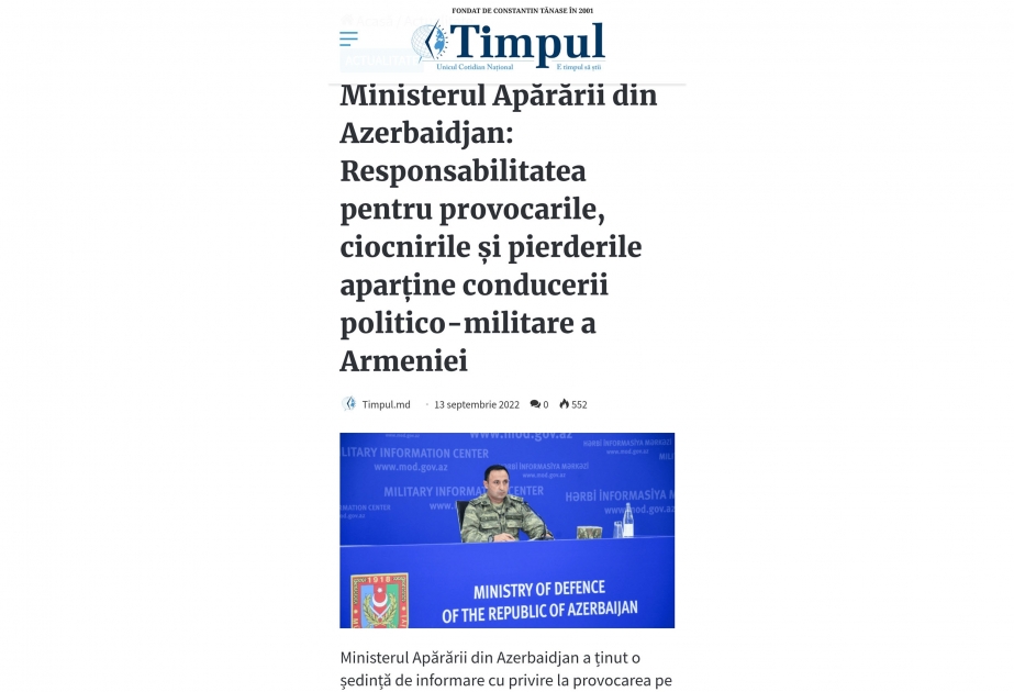 Moldova mətbuatı: Ermənistan silahlı qüvvələri Azərbaycanla sərhəddə təxribat törədib