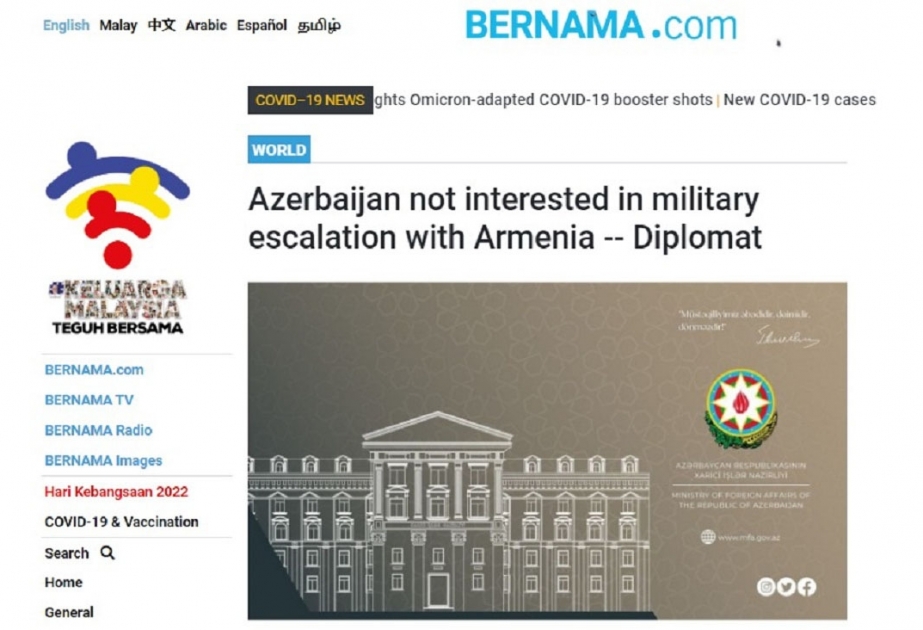 Malayziyanın milli xəbər agentliyi: Ermənistanın təxribatı sülh gündəliyinə açılmış atəşdir