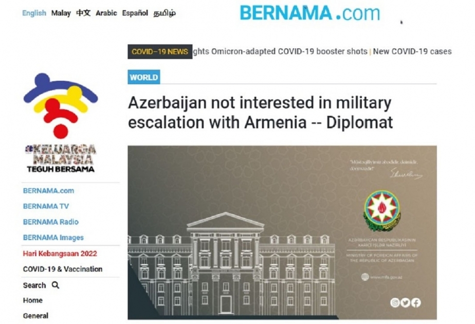 BERNAMA: “Azerbaiyán no está interesado en una escalada militar con Armenia”