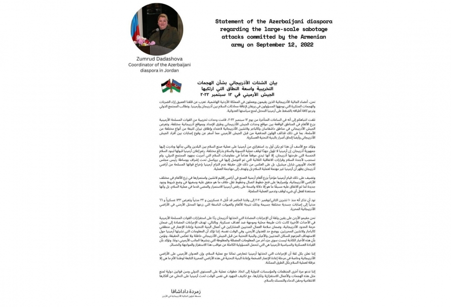 Jordanian media highlights Azerbaijani diaspora organization’s statement on large-scale provocations committed by Armenia