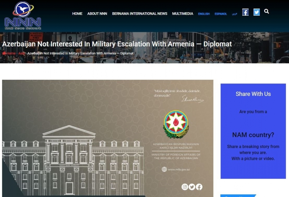 “NAM News Network”: Ermənistan dərhal sülh danışıqları masasına qayıtmalıdır