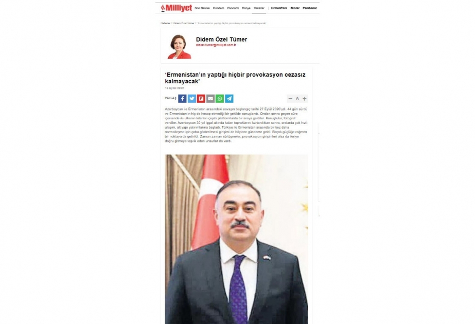 “Milliyet” qəzeti: Ermənistanın törətdiyi heç bir təxribat cavabsız qalmayacaq