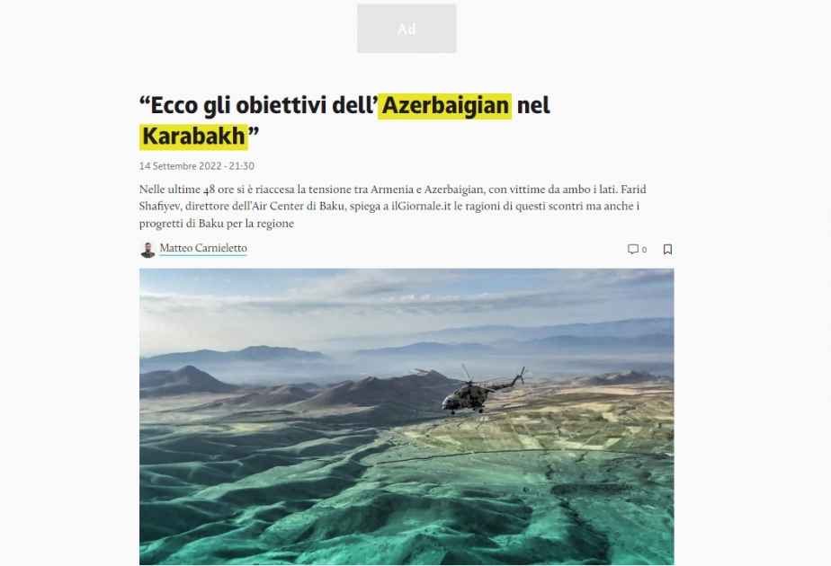 İtaliyanın “Il Giornale” qəzeti Ermənistanın son hərbi təxribatları və rəsmi Bakının regionla bağlı planlarından yazıb