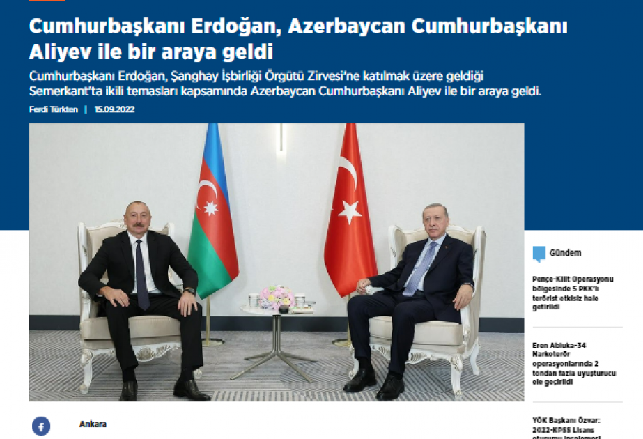 Azərbaycan və Türkiyə prezidentlərinin Səmərqənd görüşü Türkiyə mediasının diqqət mərkəzində olub