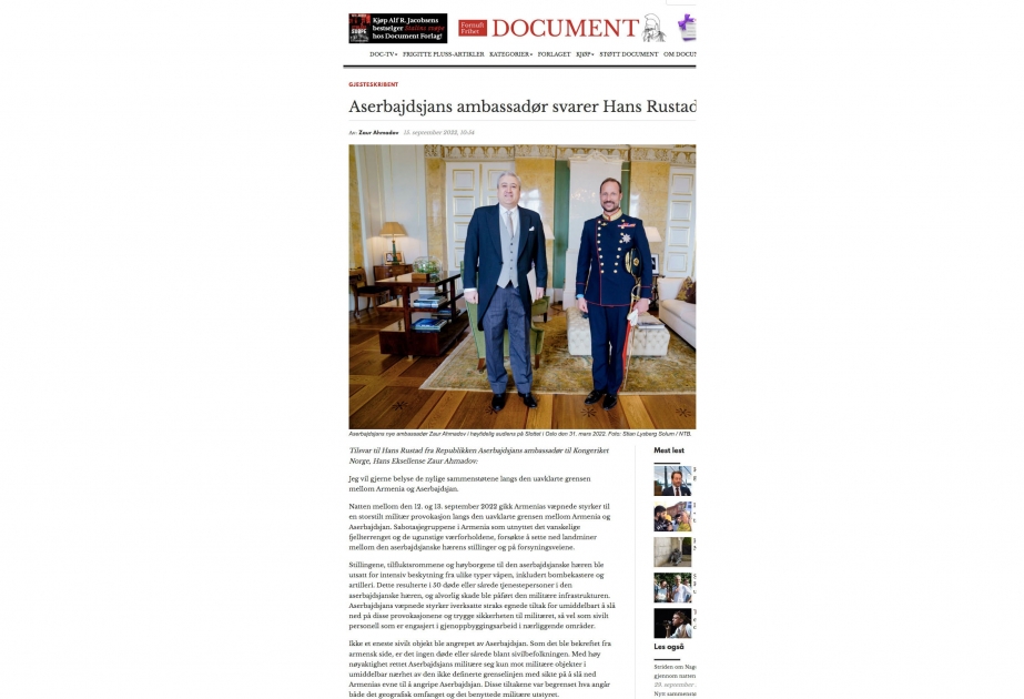 Norveçin “Document.no” saytında Ermənistan silahlı qüvvələrinin genişmiqyaslı təxribatlarından bəhs edən məqalə yayımlanıb