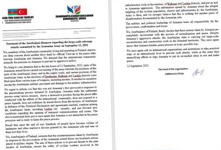 Coordination Council of Scandinavian Azerbaijanis issues statement on large-scale sabotage attacks committed by Armenian Army