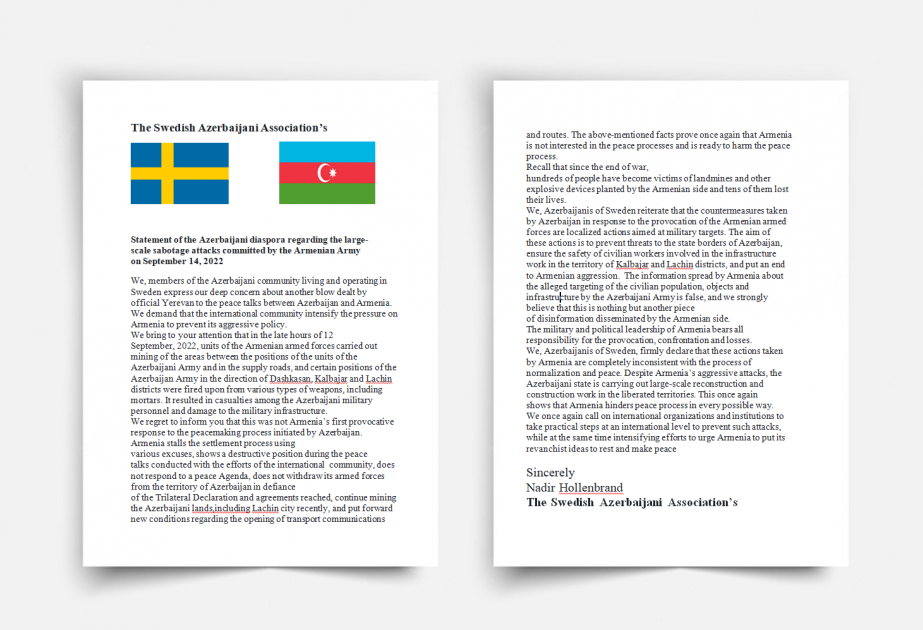 Swedish Azerbaijani Association’s appeal to PACE and House of Europe on large-scale sabotage attacks committed by Armenian Army