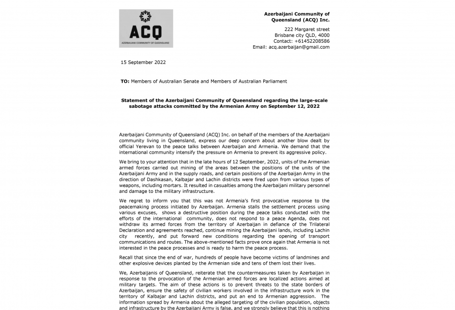 Azerbaijani diaspora organizations in Australia issue statement condemning provocations committed by Armenia