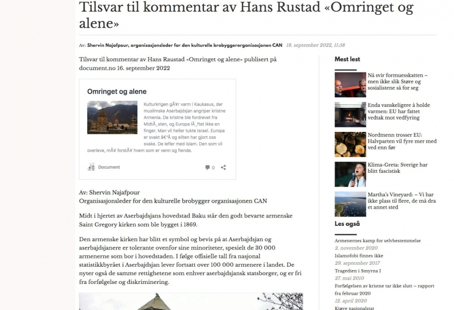 Norveçdəki azərbaycanlı diaspor fəalı ölkəmizə qarşı irəli sürülən saxta ittihamlara cavab verib