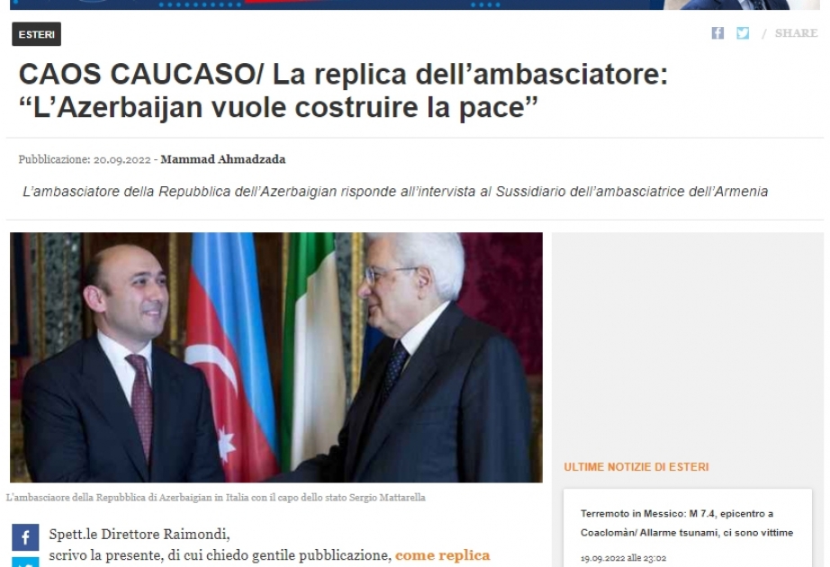 Azərbaycanın İtaliyadakı səfiri erməni diplomatın sayıqlamalarına tutarlı cavab verib