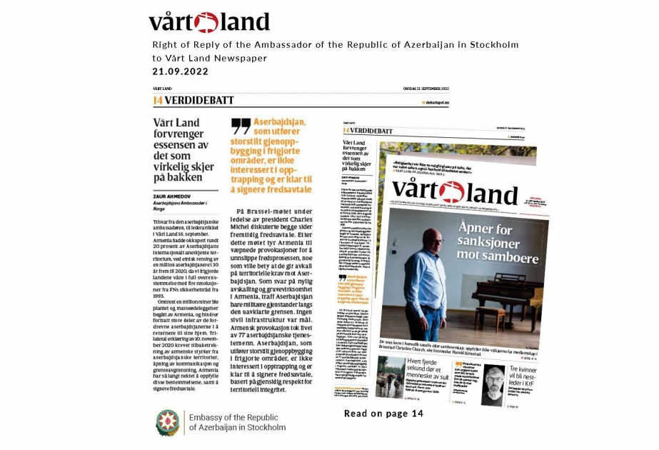 Norveçin Vartland qəzetində Ermənistanla sərhəd bölgəsində baş verən hadisələrə aydınlıq gətirilib
