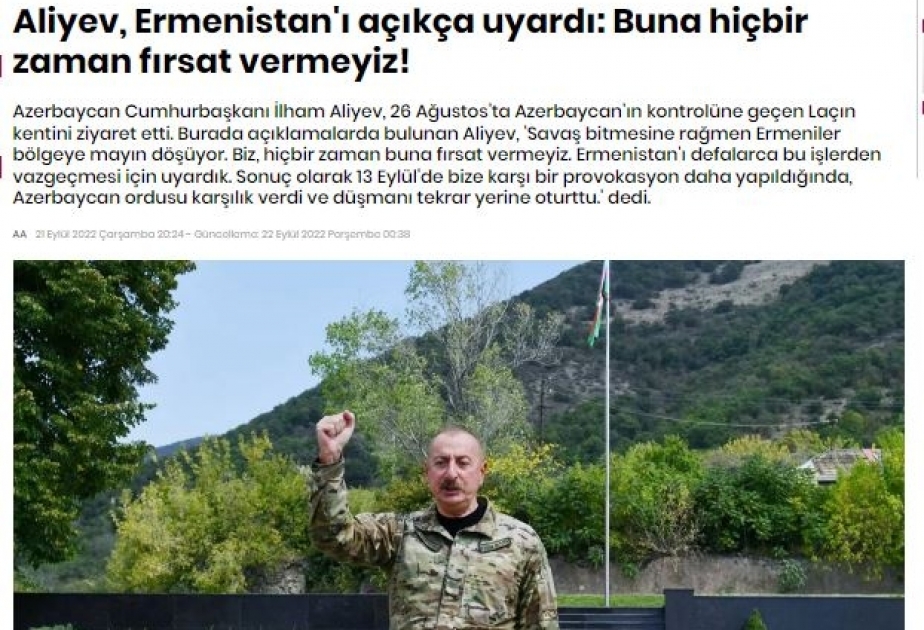 Prezident İlham Əliyevin Laçında Azərbaycan Bayrağını ucaltması Türkiyə mediası tərəfindən geniş işıqlandırılıb VİDEO
