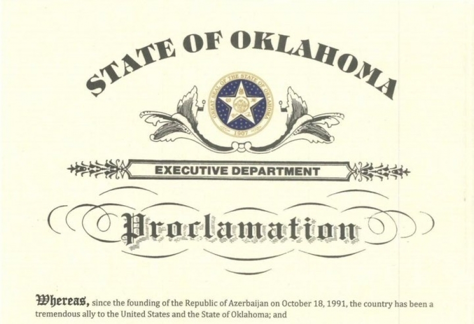 US State of Oklahoma governor signs proclamation on partnership with Azerbaijani Army