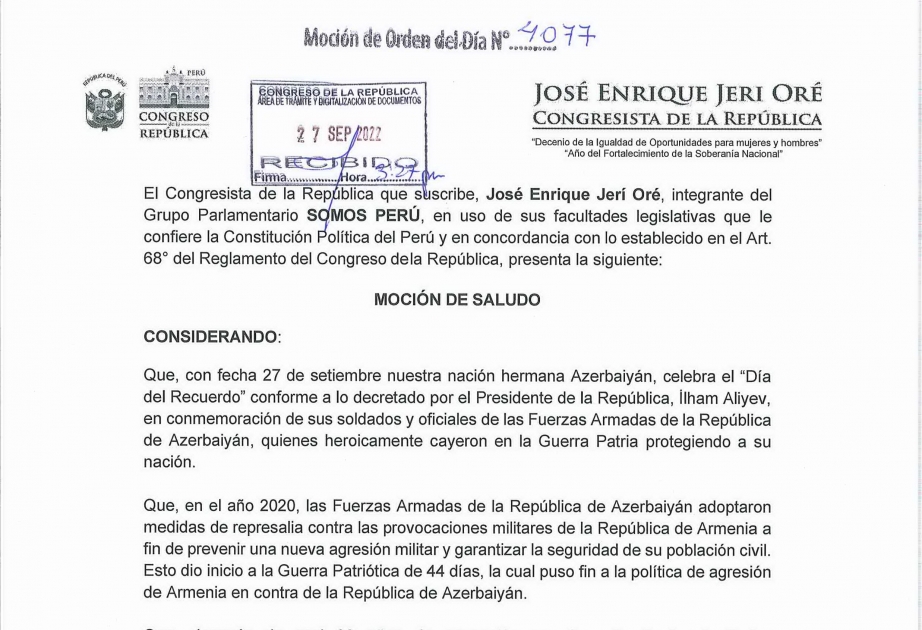 El Congreso de Perú adoptó una declaración con motivo del Día del Recuerdo en Azerbaiyán