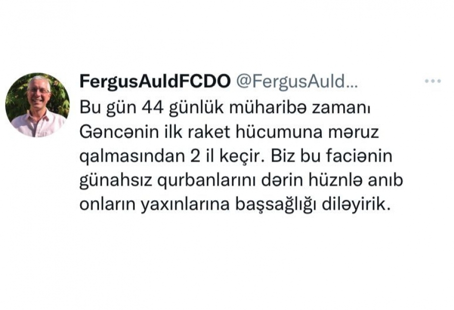 Fergus Ould Vətən müharibəsində Gəncənin raket hücumuna məruz qalması ilə bağlı paylaşım edib