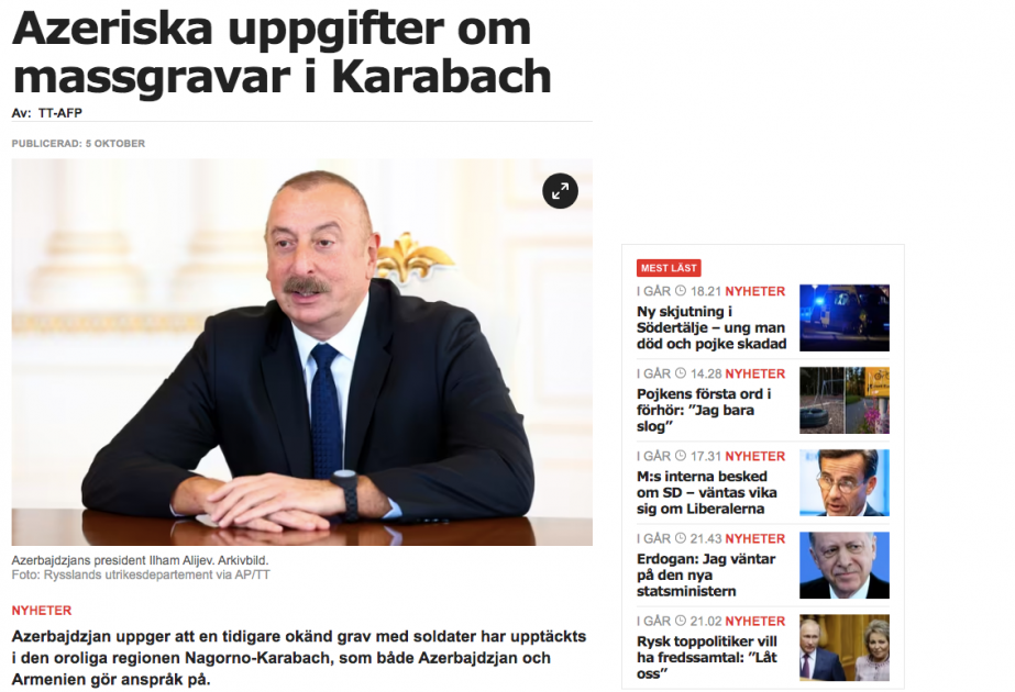 İsveç mediası Qarabağda azərbaycanlıların basdırıldığı kütləvi məzarlıqlar barəsində yazıb