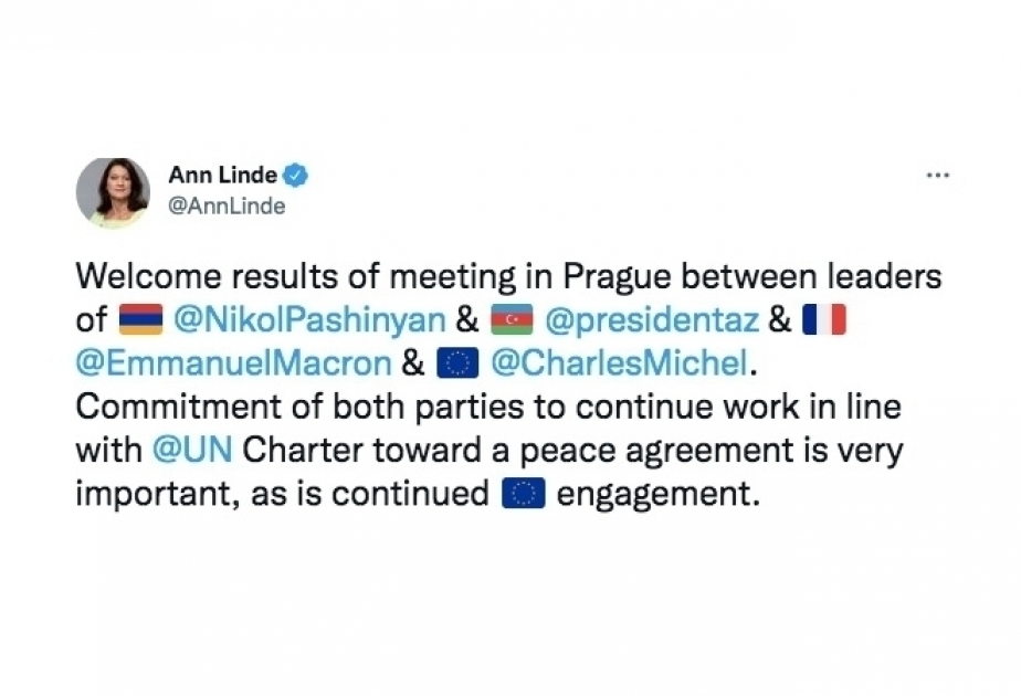 Swedish Foreign Minister welcomes results of meeting of Azerbaijani, French, European Council and Armenian leaders in Prague