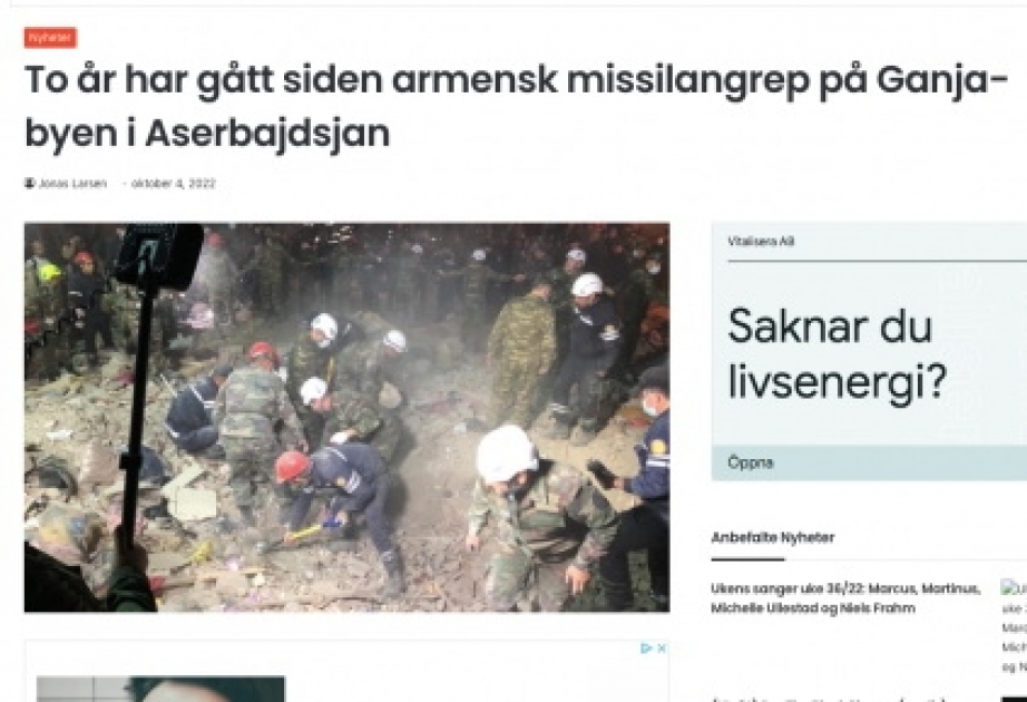Norveç nəşri ermənilərin Gəncəyə raket hücumlarından yazıb