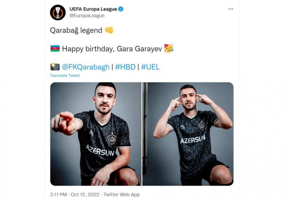 UEFA “Qarabağ”ın futbolçusu Qara Qarayevi doğum günü münasibətilə təbrik edib