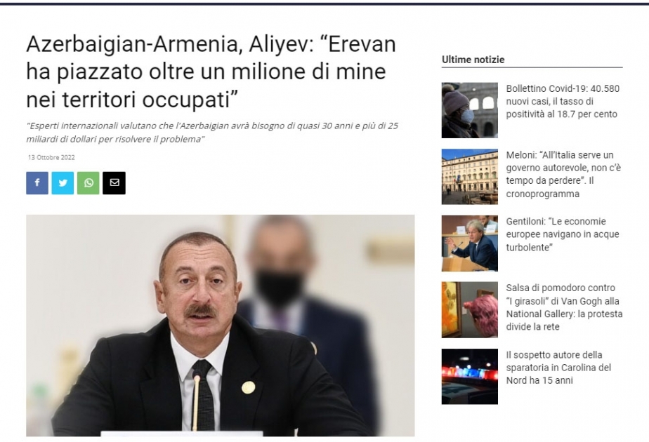 İtaliya saytı Azərbaycan Prezidentinin işğaldan azad olunan ərazilərdəki mina problemi ilə bağlı fikirlərindən yazıb