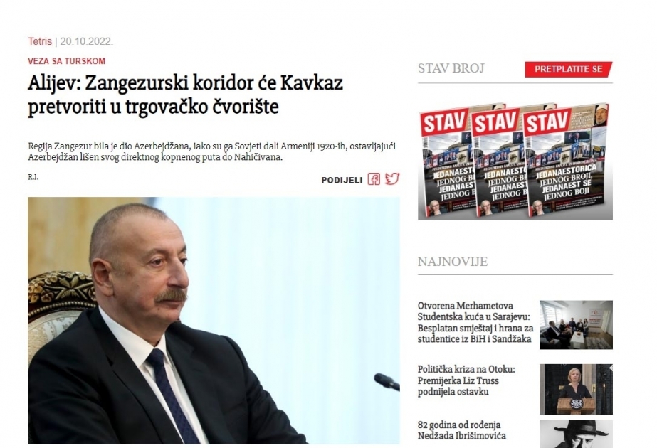 Bosnia and Herzegovina’s internet portal highlights importance of Azerbaijan’s Zangazur corridor