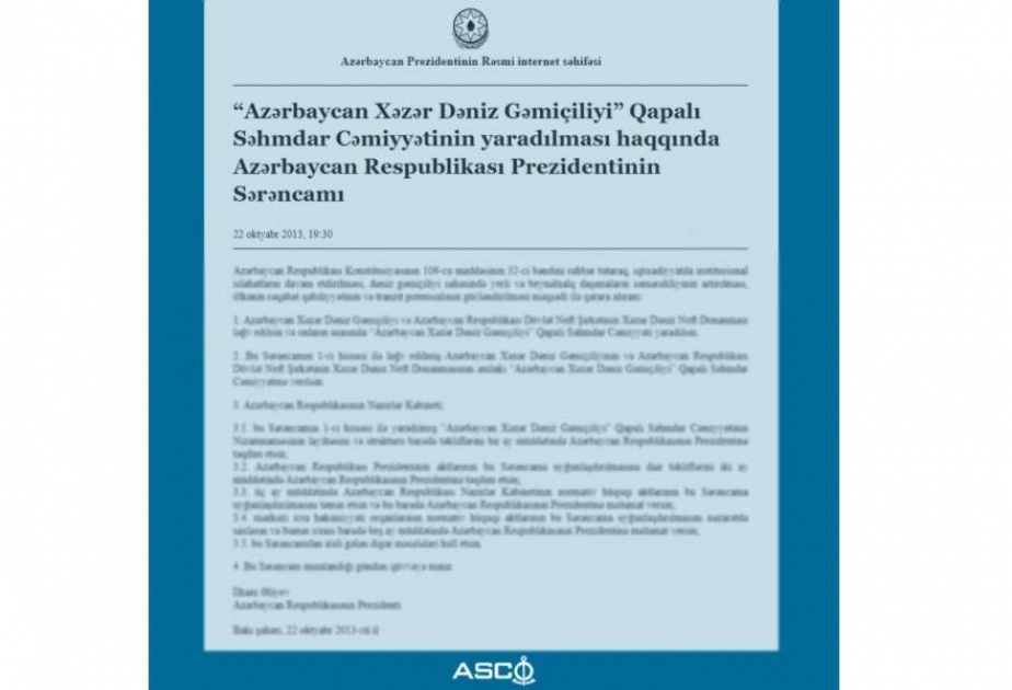 “Azərbaycan Xəzər Dəniz Gəmiçiliyi” QSC-nin yaradılmasından