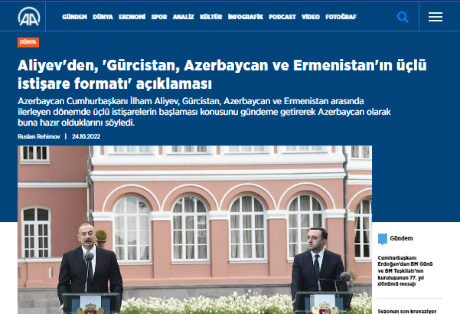 Türkiyə mediası: Prezident Əliyev Gürcüstan-Azərbaycan-Ermənistan üçtərəfli məsləhətləşmə formatı təklif edib