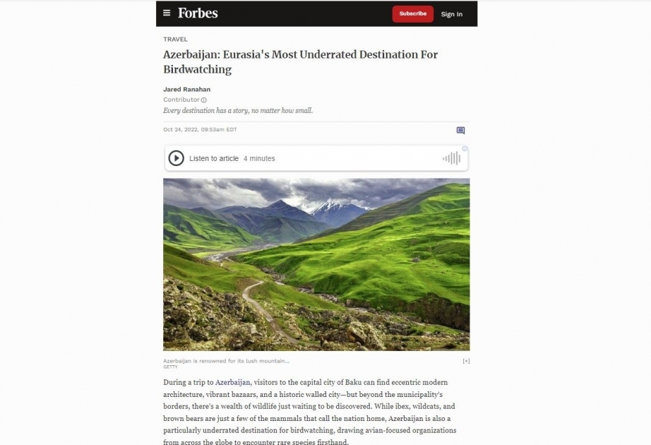 На сайте «Forbes Media» повествуется о наличии в Азербайджане редких видов птиц
