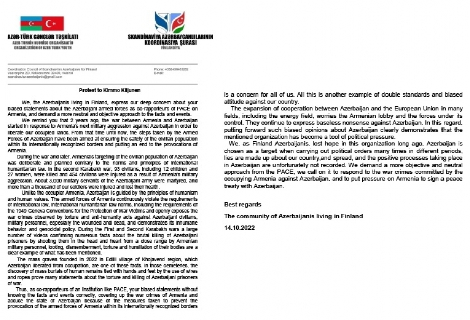 Los azerbaiyanos de Suecia y Finlandia se dirigen a los coponentes de la PACE sobre Armenia que sean objetivos