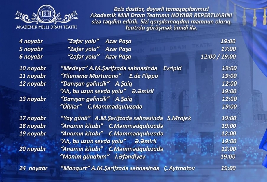 Milli Dram Teatrı noyabr ayı üçün maraqlı repertuar tərtib edib