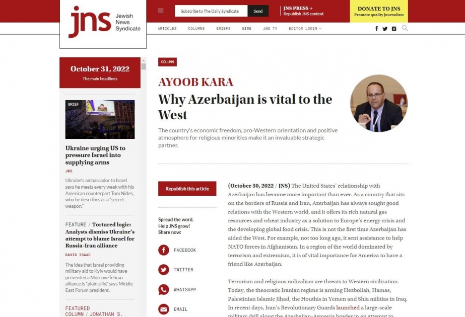 İsrailli sabiq nazir Azərbaycanın Qərb üçün həyati əhəmiyyətindən yazıb