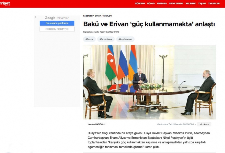 Türkiyə mediası Azərbaycan Prezidentinin Soçi səfərinin təfərrüatlarını geniş işıqlandırıb