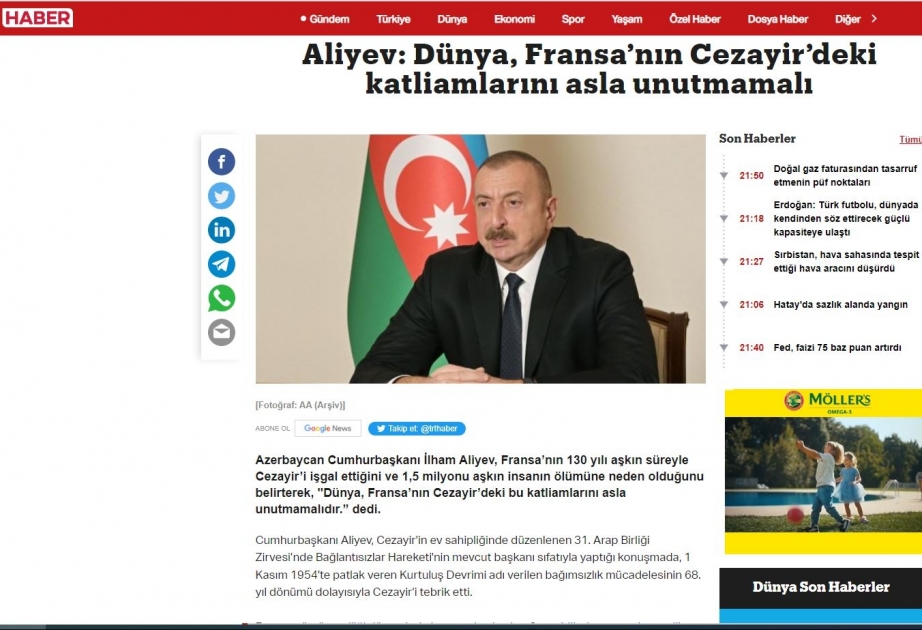 Türkiyənin aparıcı mediası Azərbaycan Prezidentinin Əlcəzairə səfərinin tarixi əhəmiyyətini yüksək dəyərləndirib