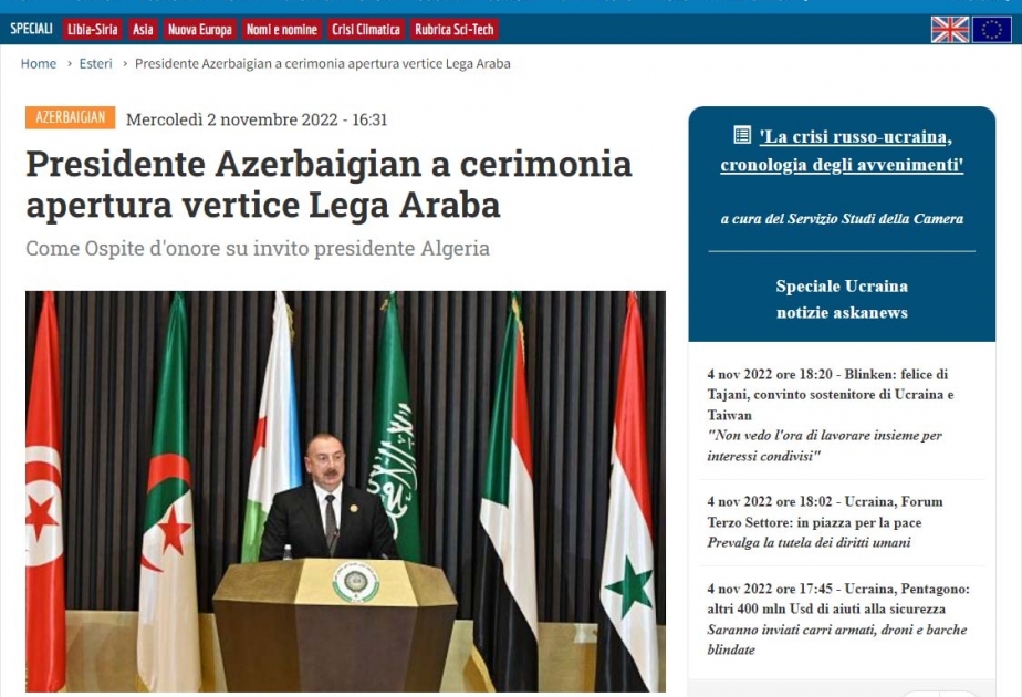 İtaliya saytları Azərbaycan Prezidenti İlham Əliyevin Ərəb Dövlətləri Liqasının Zirvə toplantısında iştirakından yazıb