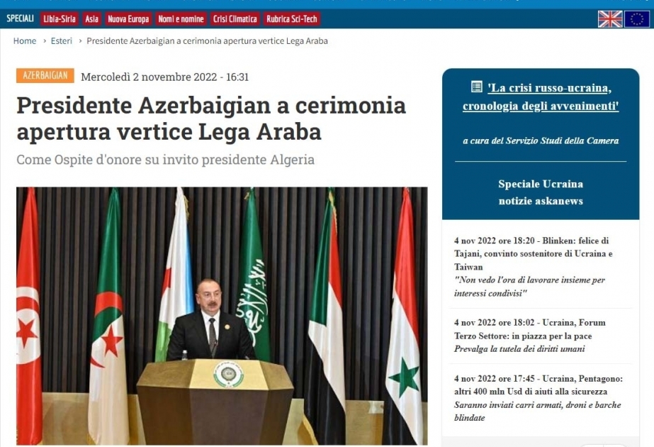 President Ilham Aliyev’s participation in 31st Arab League Summit in spotlight of Italian media