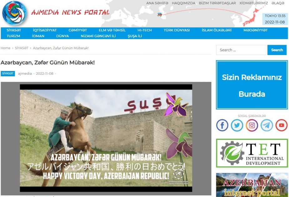 Zəfər Günü ilə bağlı xüsusi videoçarx Yaponiyanın internet resurslarında paylaşılıb VİDEO