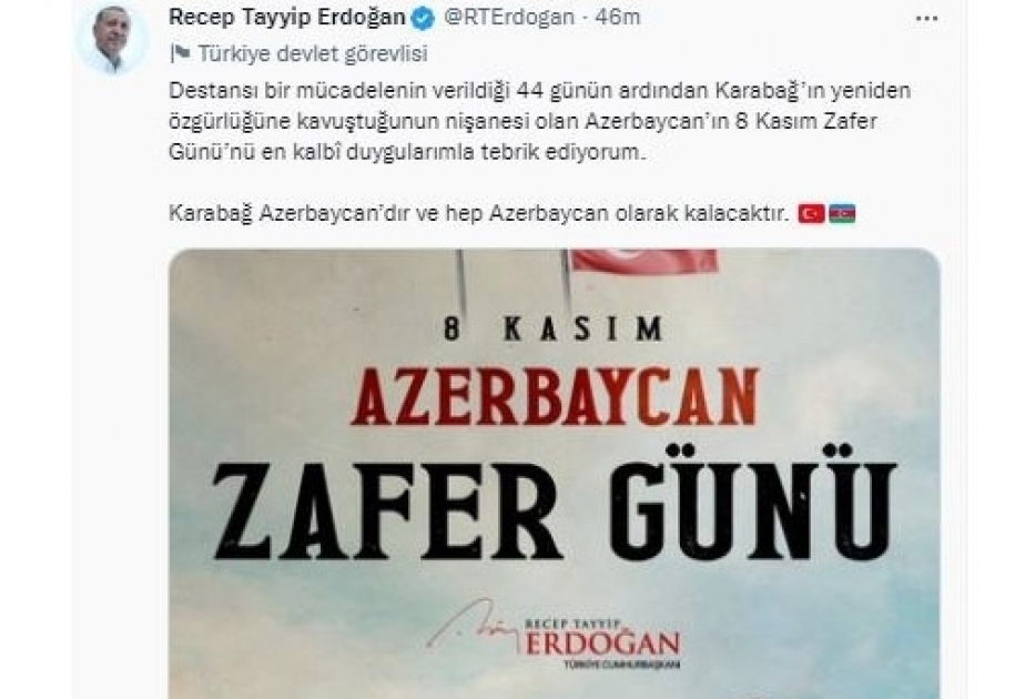 Turkish President congratulates Azerbaijan on 8 November-Victory Day