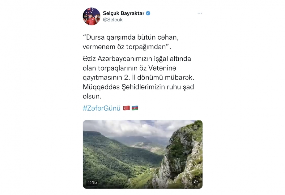 Selcuk Bayraktar ha felicitado al pueblo azerbaiyano por el Día de la Victoria