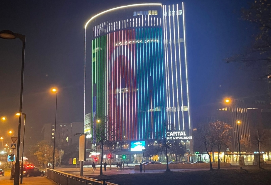 Sarajevo’s Capital Tower business center lit up with colors of Azerbaijani flag