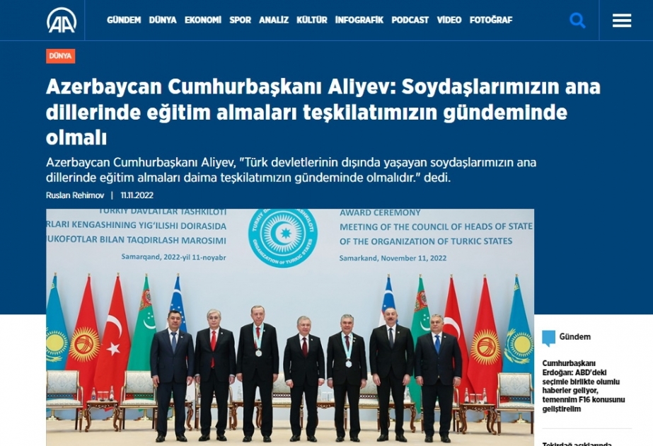 Türkiyə mediası Prezident İlham Əliyevin Səmərqənd Zirvə Görüşündəki nitqinə geniş yer ayırıb