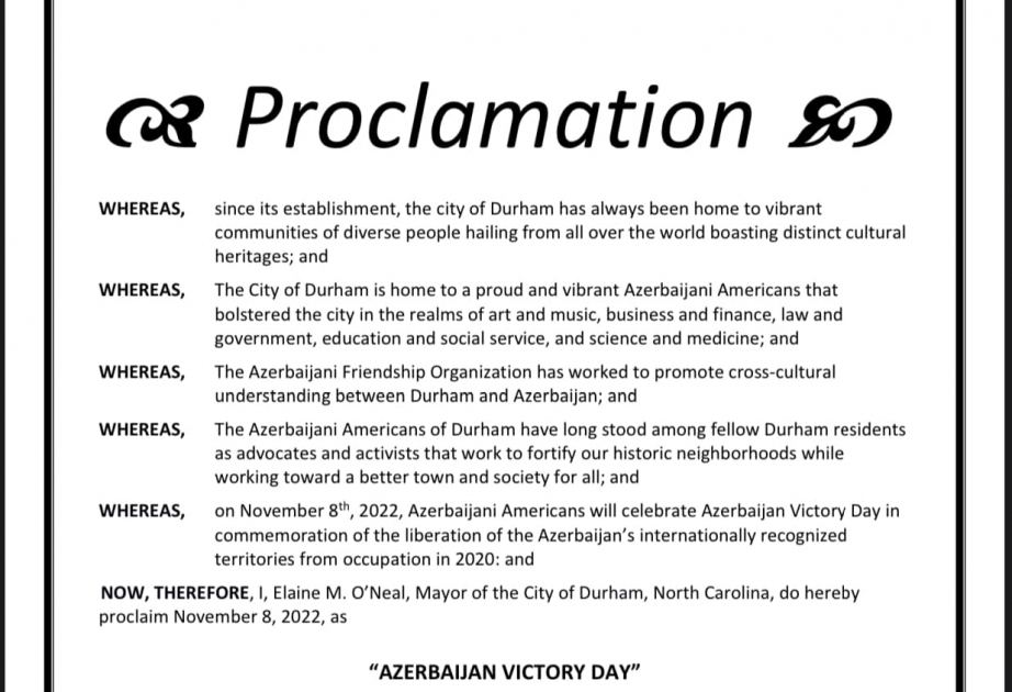 La ciudad de Durham de Carolina del Norte ha declarado el 8 de noviembre como Día de la Victoria de Azerbaiyán