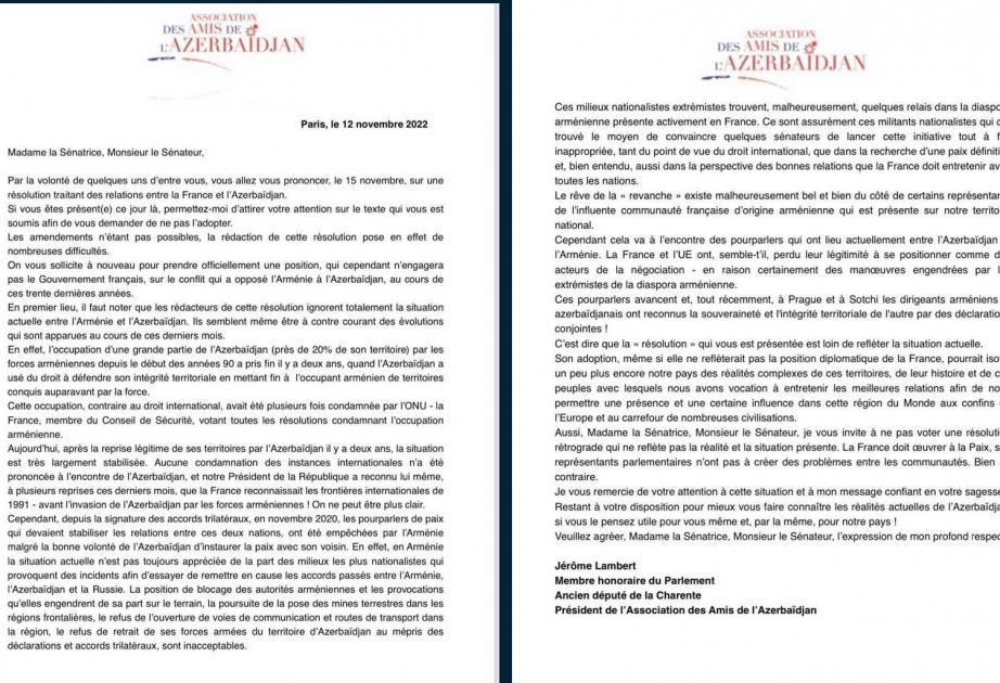 Президент Accоциации друзей Азербайджана призвал французских сенаторов не голосовать за пресловутую резолюцию