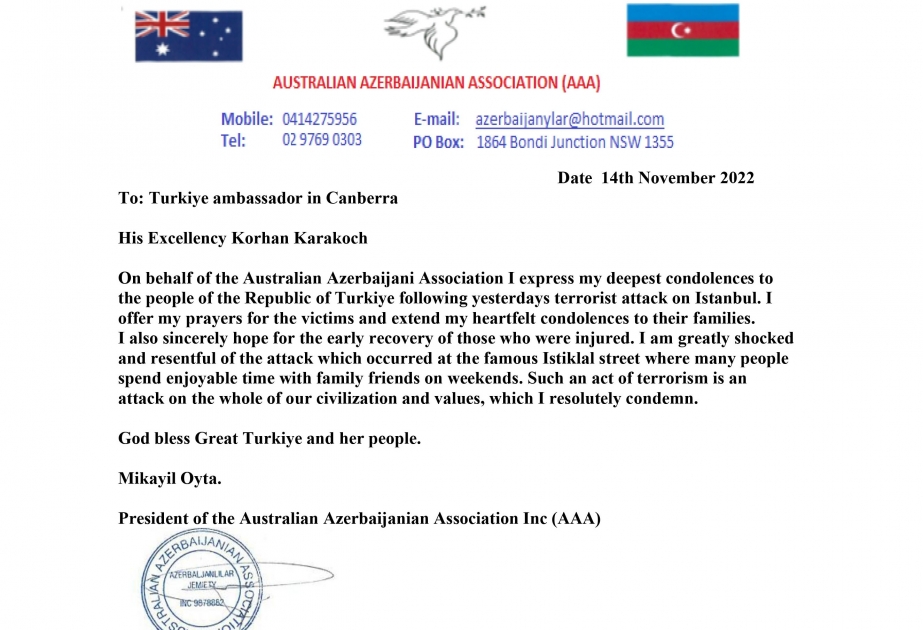 Australian Azerbaijani Association condemns terrorist act in Turkiye