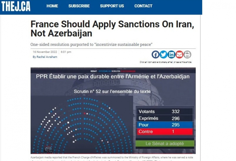 Kanadanın “Thej.ca” portalında Fransa Senatının ədalətsiz qərarını pisləyən məqalə dərc olunub